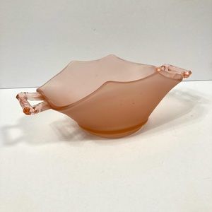 Shell pink satin glass rectangular bowl with open work handles and a waved rim